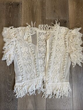 Place Nationale Cream Crochet Fringe Tunic Top with Pom-Pom Trim AZ0821